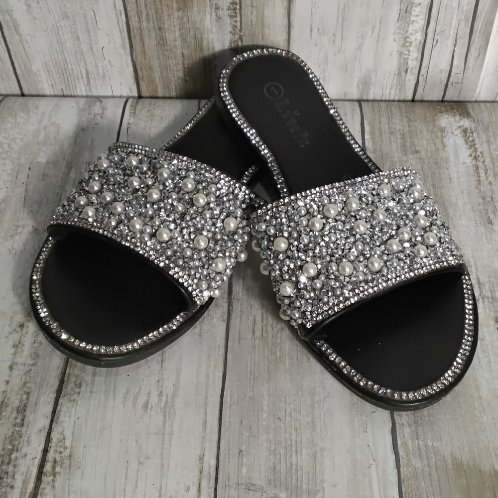 Link Girls Black Rhinestone and Faux Pearl Embellished Slide Sandals Size 1